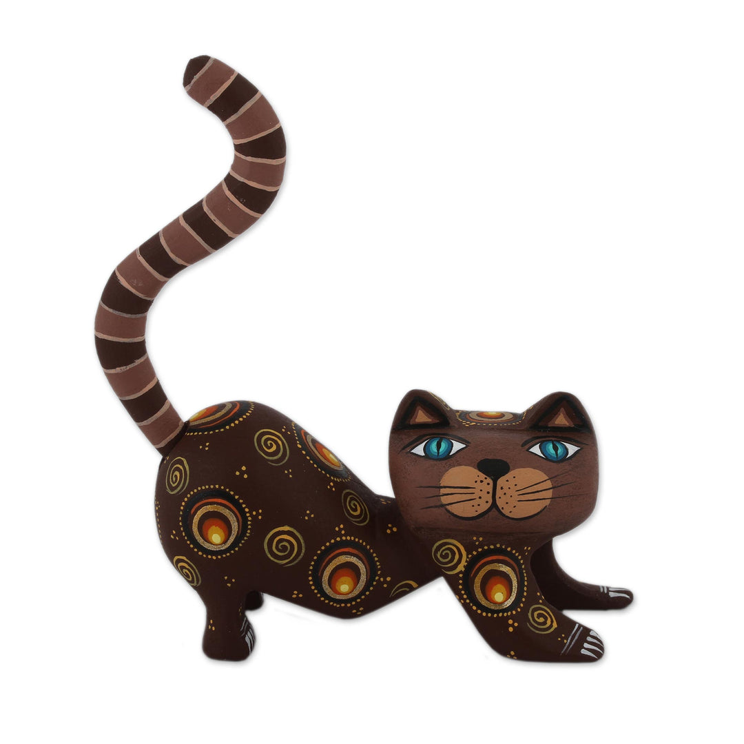 Handcrafted Brown Wood Alebrije Playful Cat Figurine - Curiosity Cousin in Brown
