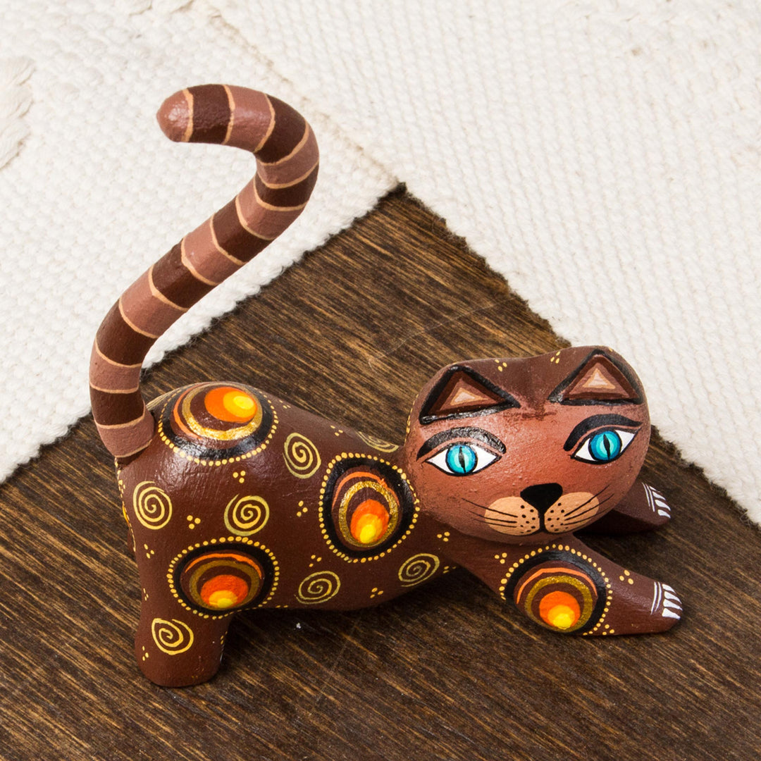 Handcrafted Brown Wood Alebrije Playful Cat Figurine - Curiosity Cousin in Brown
