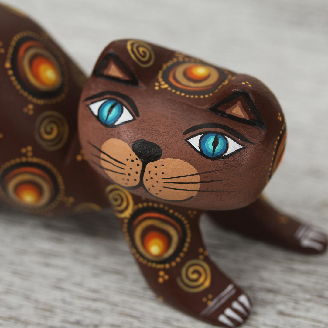 Handcrafted Brown Wood Alebrije Playful Cat Figurine - Curiosity Cousin in Brown