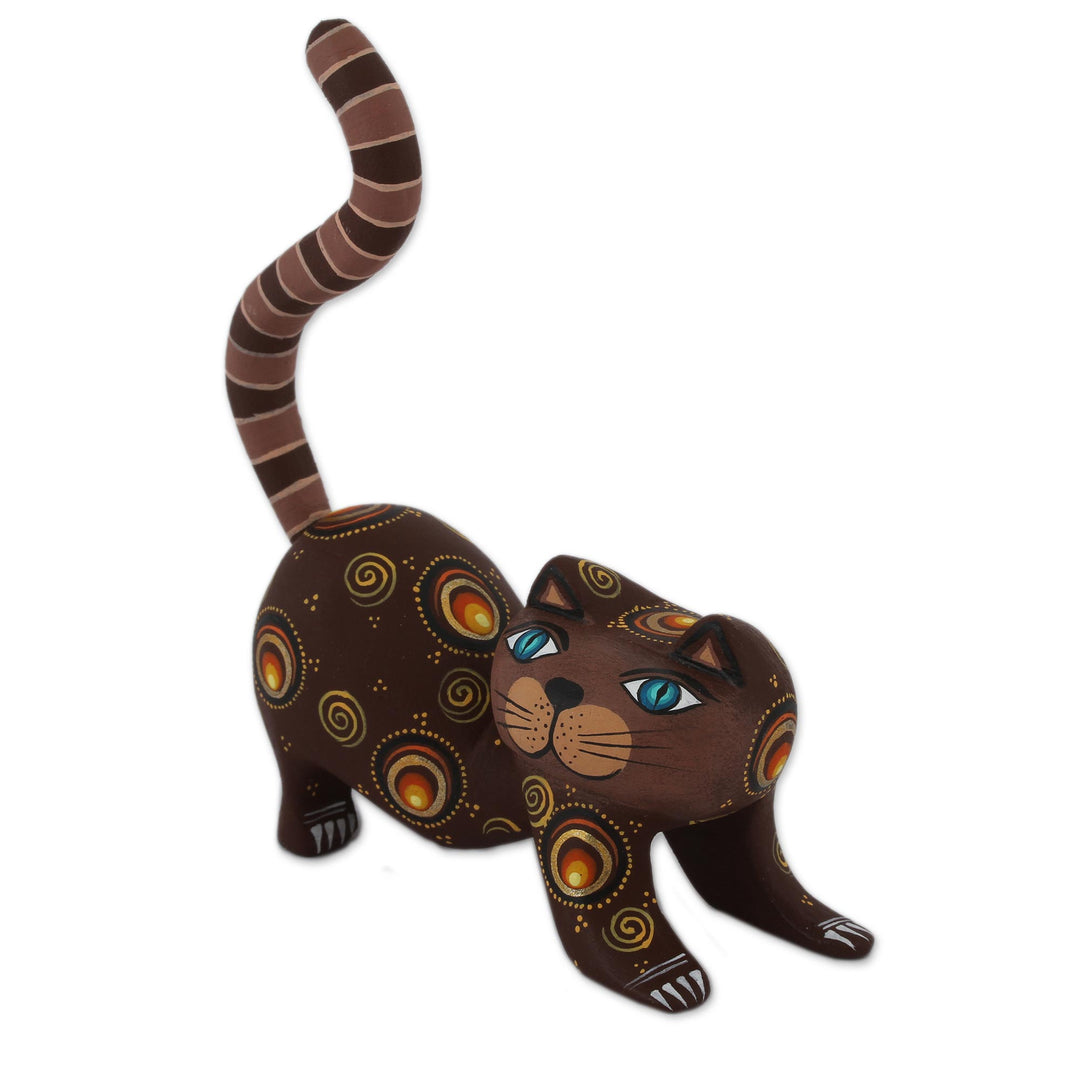 Handcrafted Brown Wood Alebrije Playful Cat Figurine - Curiosity Cousin in Brown