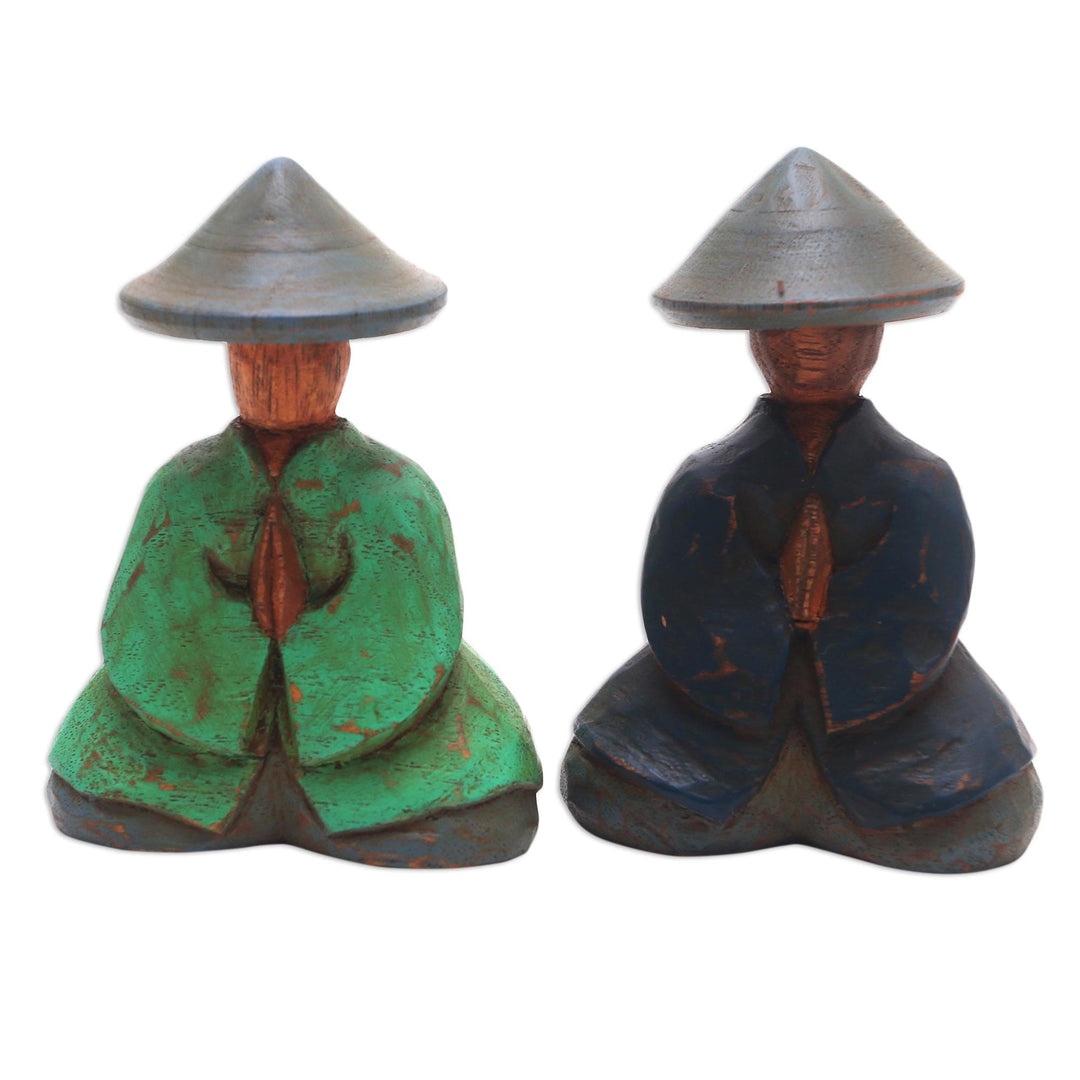 Green and Blue Wood Farmer Figurines from Bali (Pair) - Farmer Couple