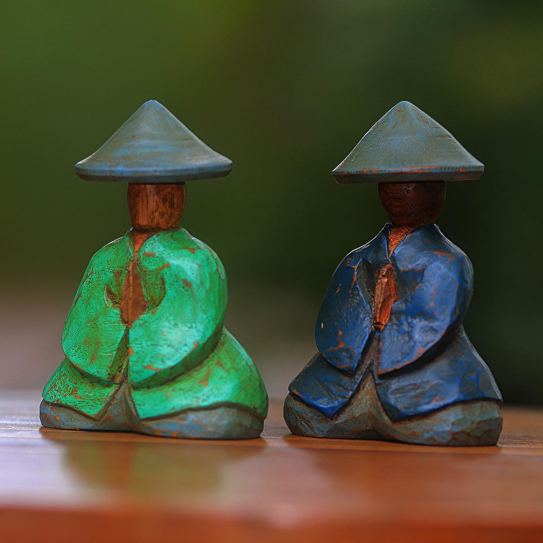Green and Blue Wood Farmer Figurines from Bali (Pair) - Farmer Couple