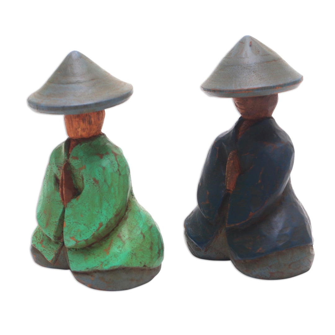 Green and Blue Wood Farmer Figurines from Bali (Pair) - Farmer Couple