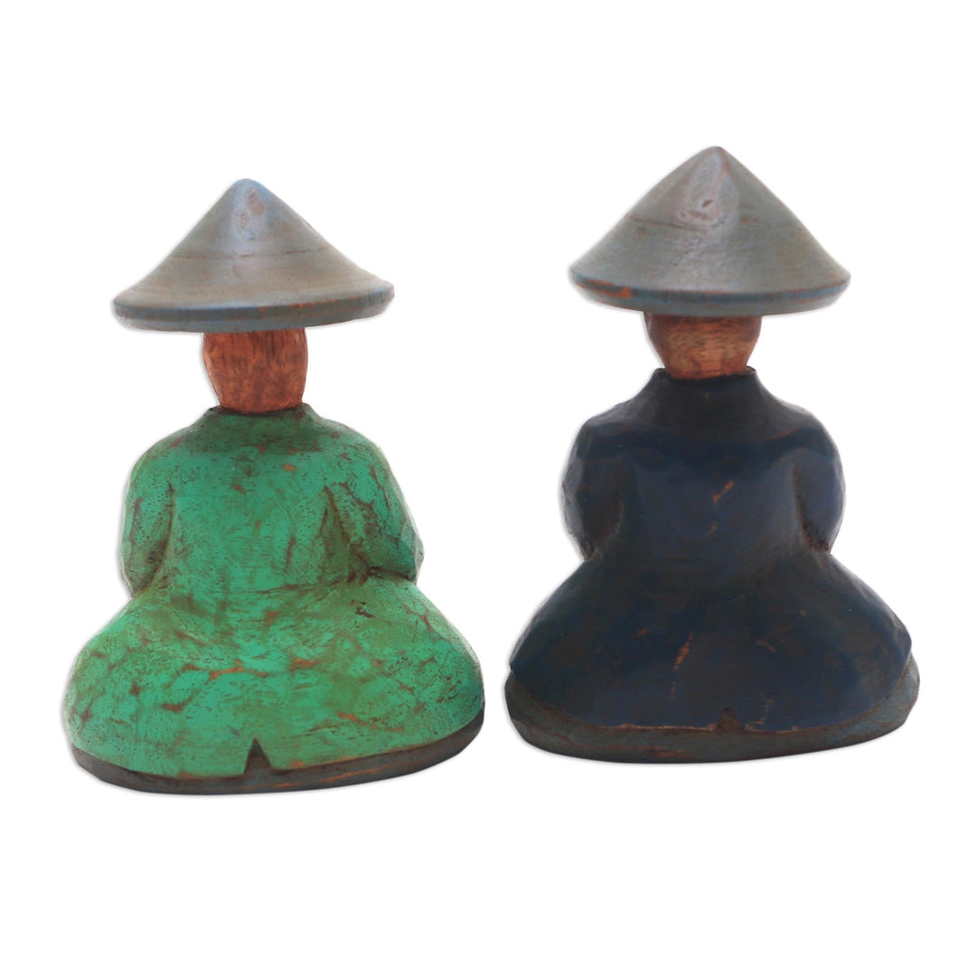 Green and Blue Wood Farmer Figurines from Bali (Pair) - Farmer Couple