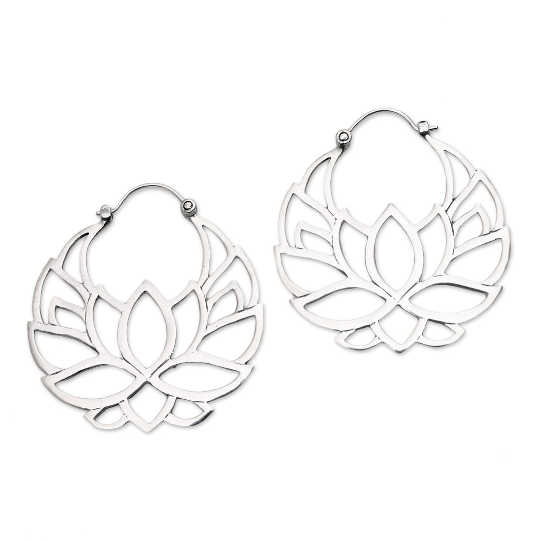 Sterling Silver Lotus Flower Hoop Earrings (1.5 inch) - Elegant Padma