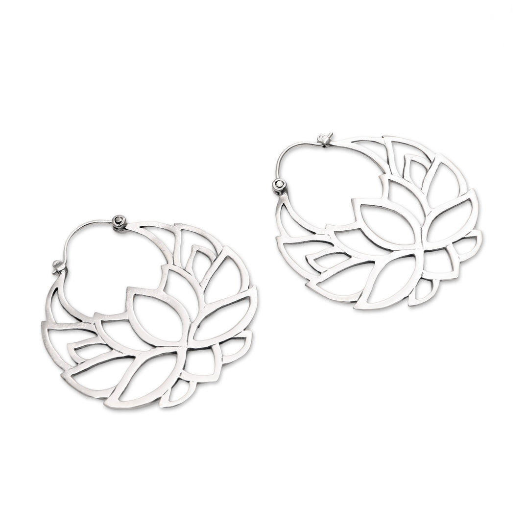 Sterling Silver Lotus Flower Hoop Earrings (1.5 inch) - Elegant Padma