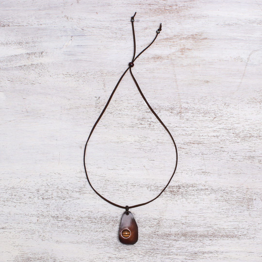 Tiger's Eye and Leather Pendant Necklace from Thailand - Stylish Avocado