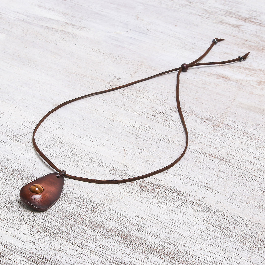 Tiger's Eye and Leather Pendant Necklace from Thailand - Stylish Avocado