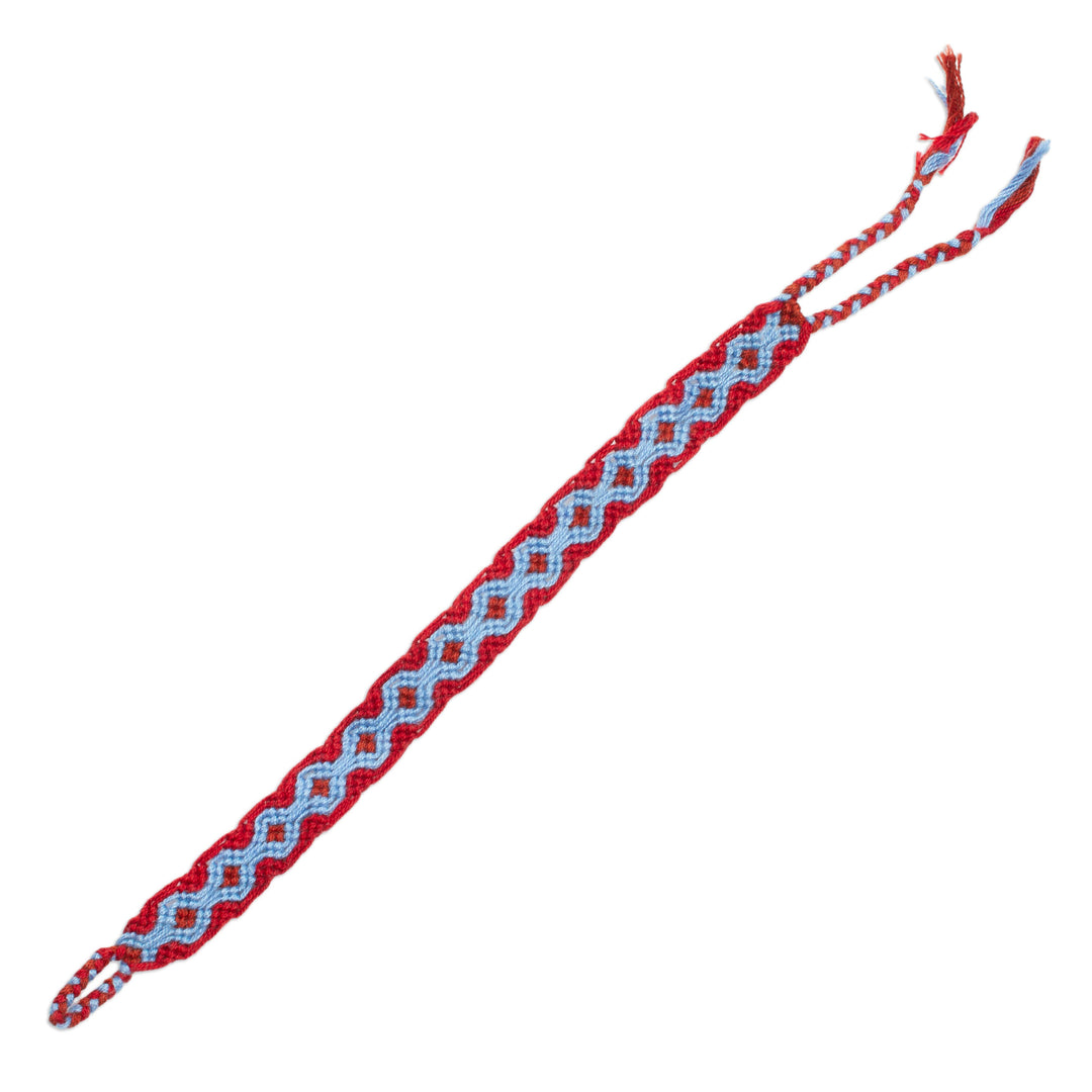 Periwinkle Blue and Russet Red Cotton Macrame Bracelet - Geometric Path
