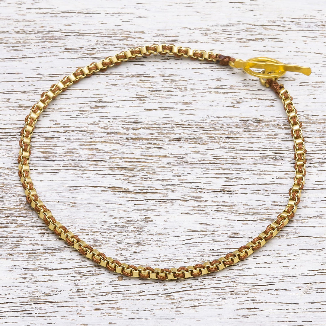 Gold Plated Brass Chain Bracelet in Brown from Thailand - Golden Day in Brown