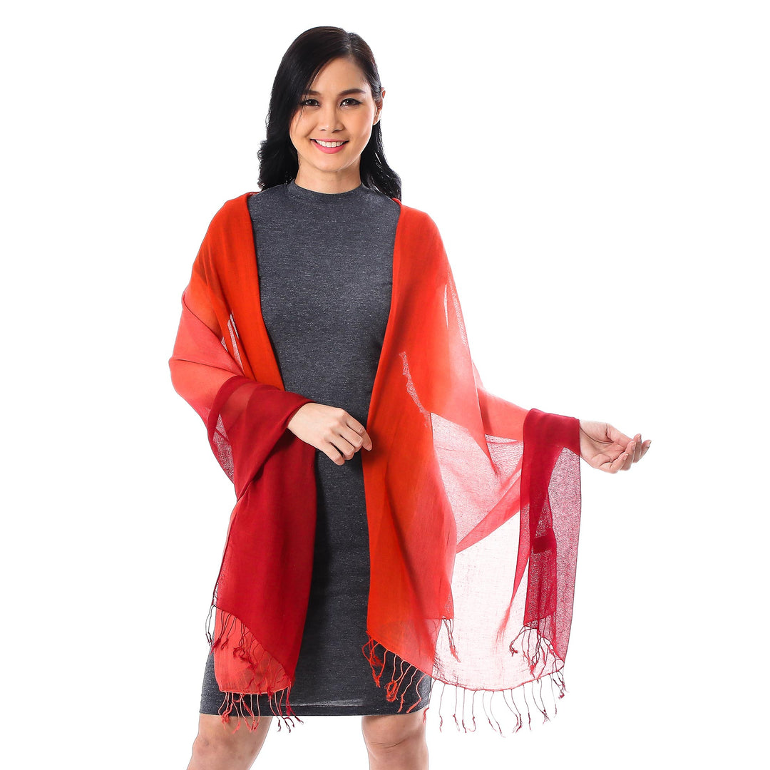 Ombre Cotton Shawl in Red and Orange from Thailand - Beautiful Sunset