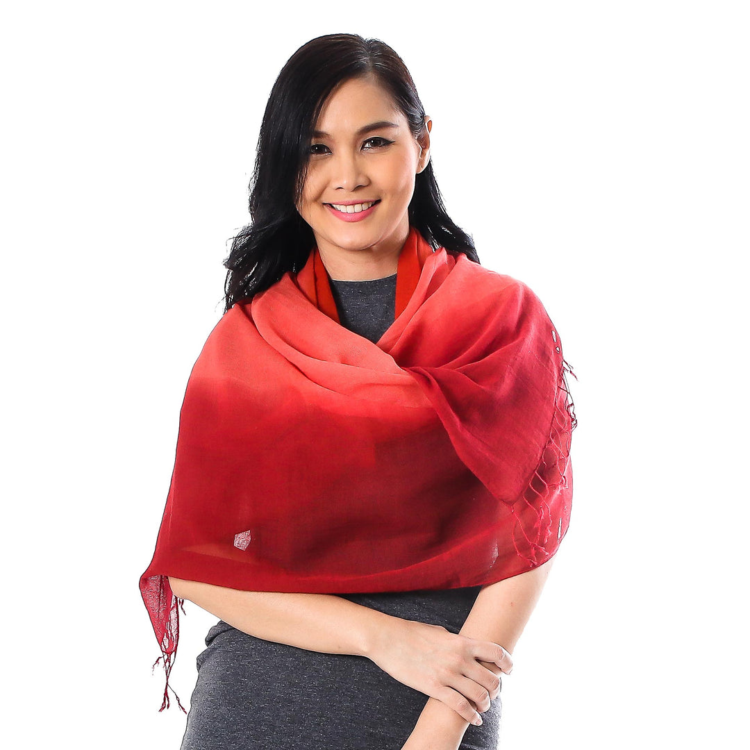 Ombre Cotton Shawl in Red and Orange from Thailand - Beautiful Sunset