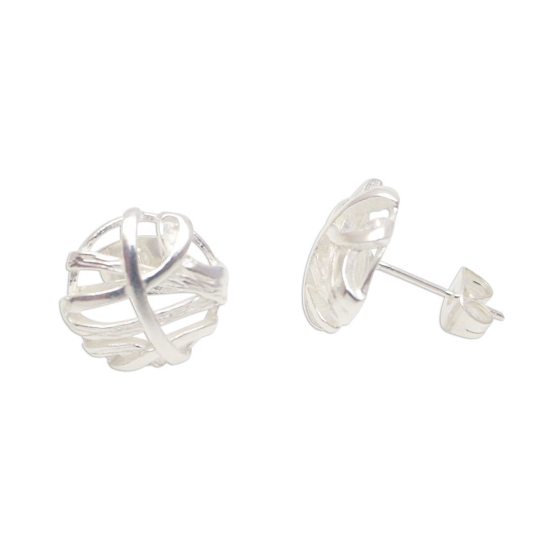 Handcrafted Sterling Silver Stud Earrings from Bali - Balinese Fabric