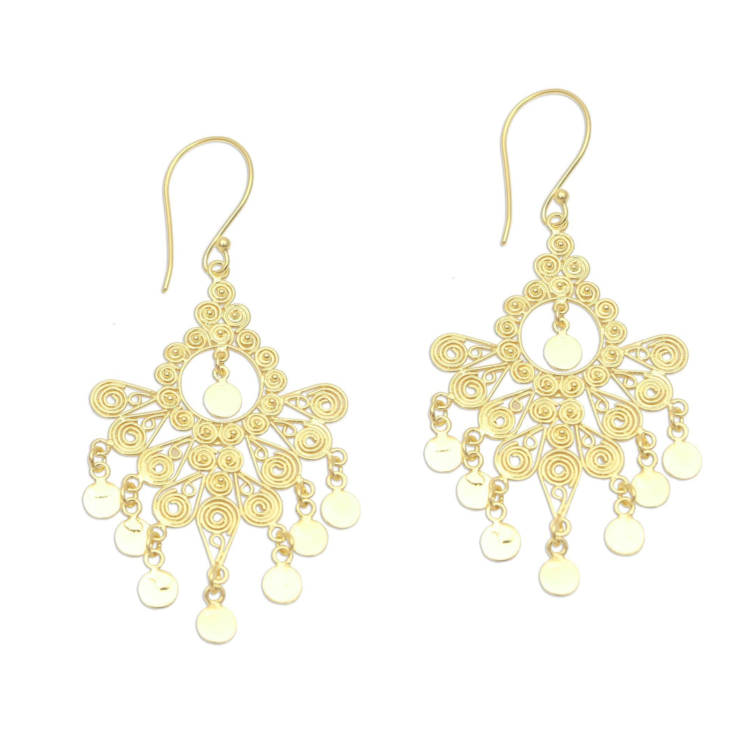 18k Gold Plated Sterling Silver Chandelier Earrings - Gold Peacock Feather