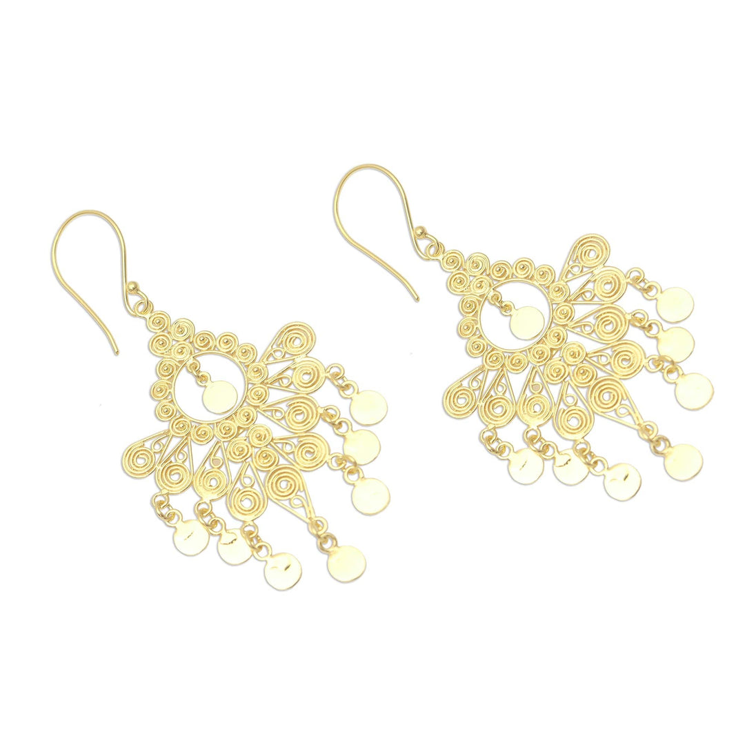 18k Gold Plated Sterling Silver Chandelier Earrings - Gold Peacock Feather