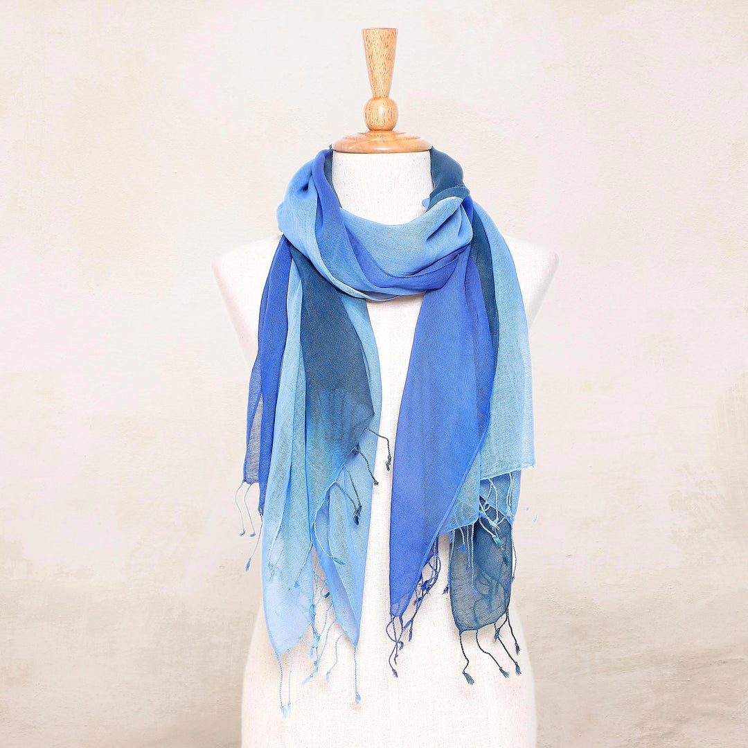 Cotton Wrap Scarves in Blue from Thailand (Pair) - Delightful Breeze in Blue