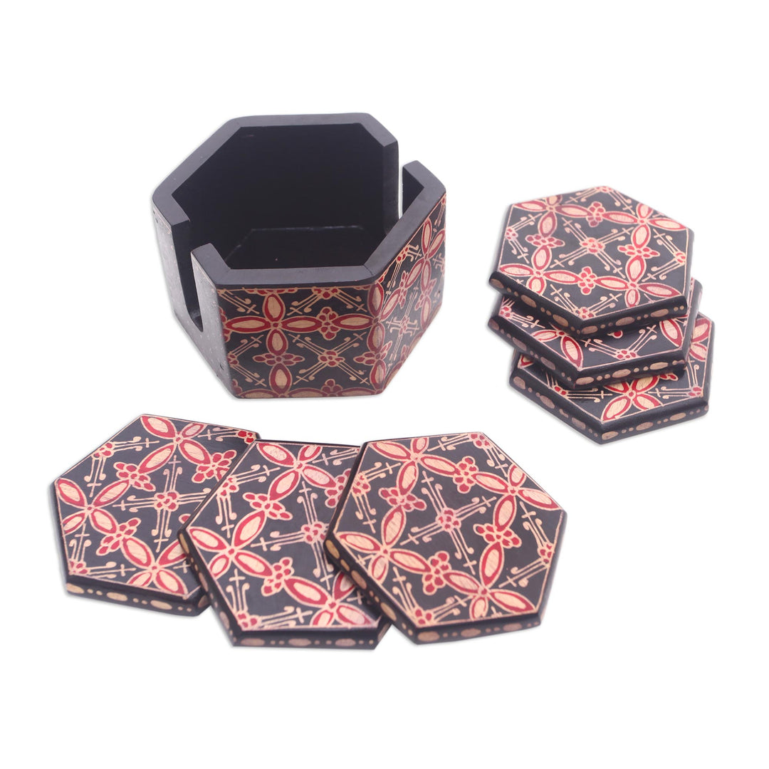 Truntum Motif Batik Wood Coasters from Java (Set of 6) - Hexagon Batik