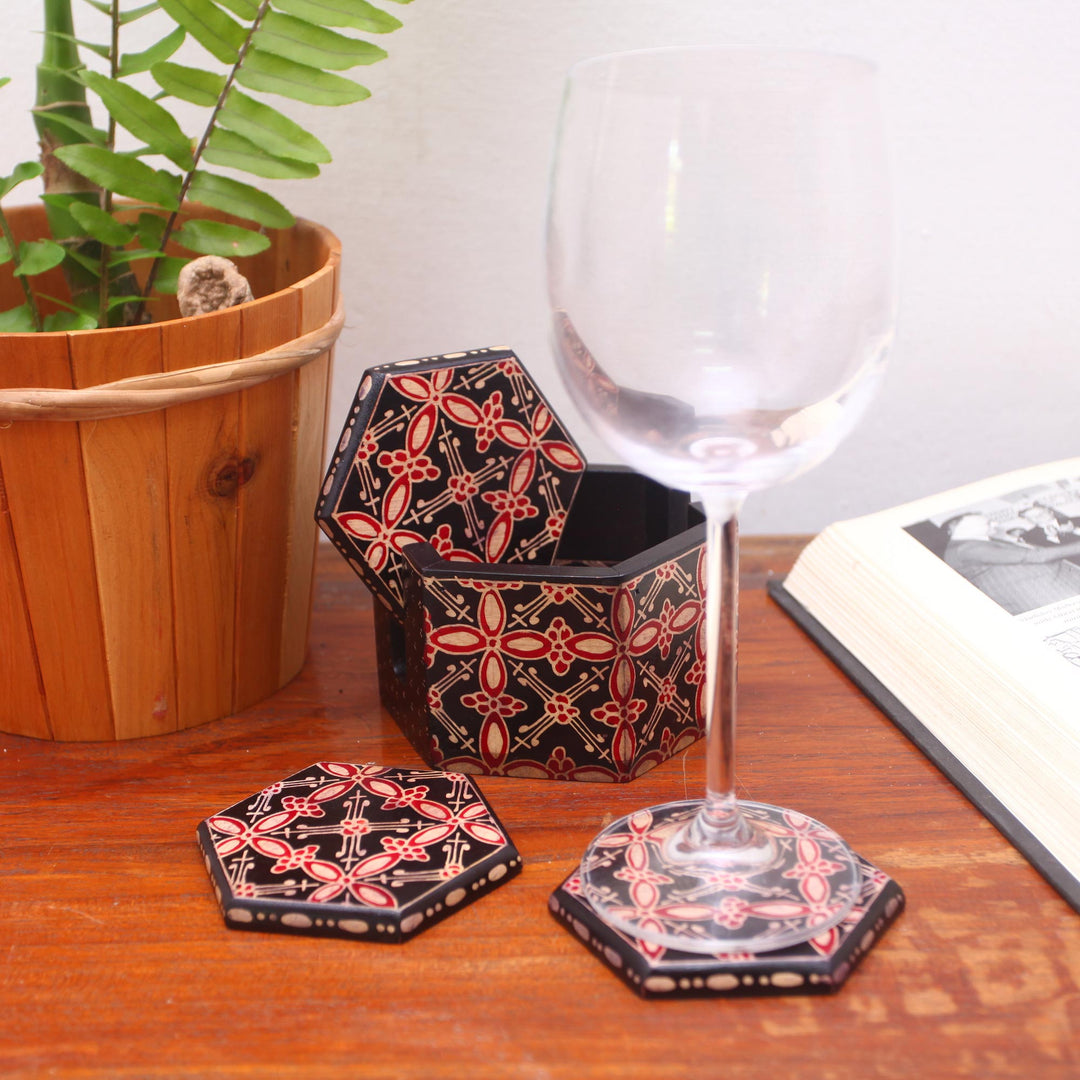 Truntum Motif Batik Wood Coasters from Java (Set of 6) - Hexagon Batik