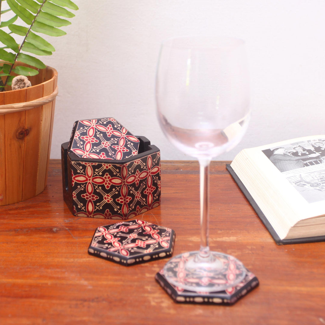 Truntum Motif Batik Wood Coasters from Java (Set of 6) - Hexagon Batik