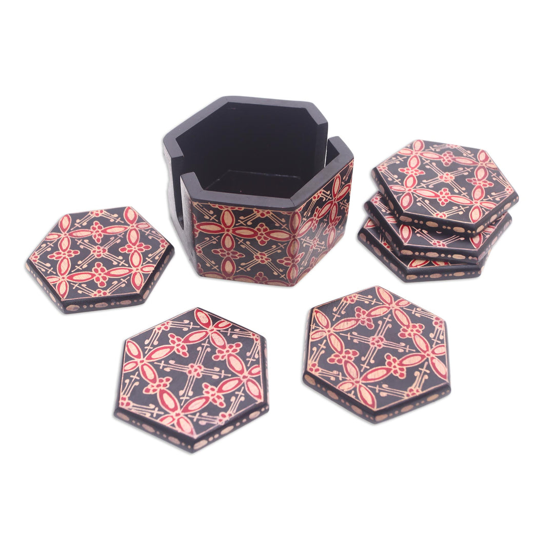 Truntum Motif Batik Wood Coasters from Java (Set of 6) - Hexagon Batik