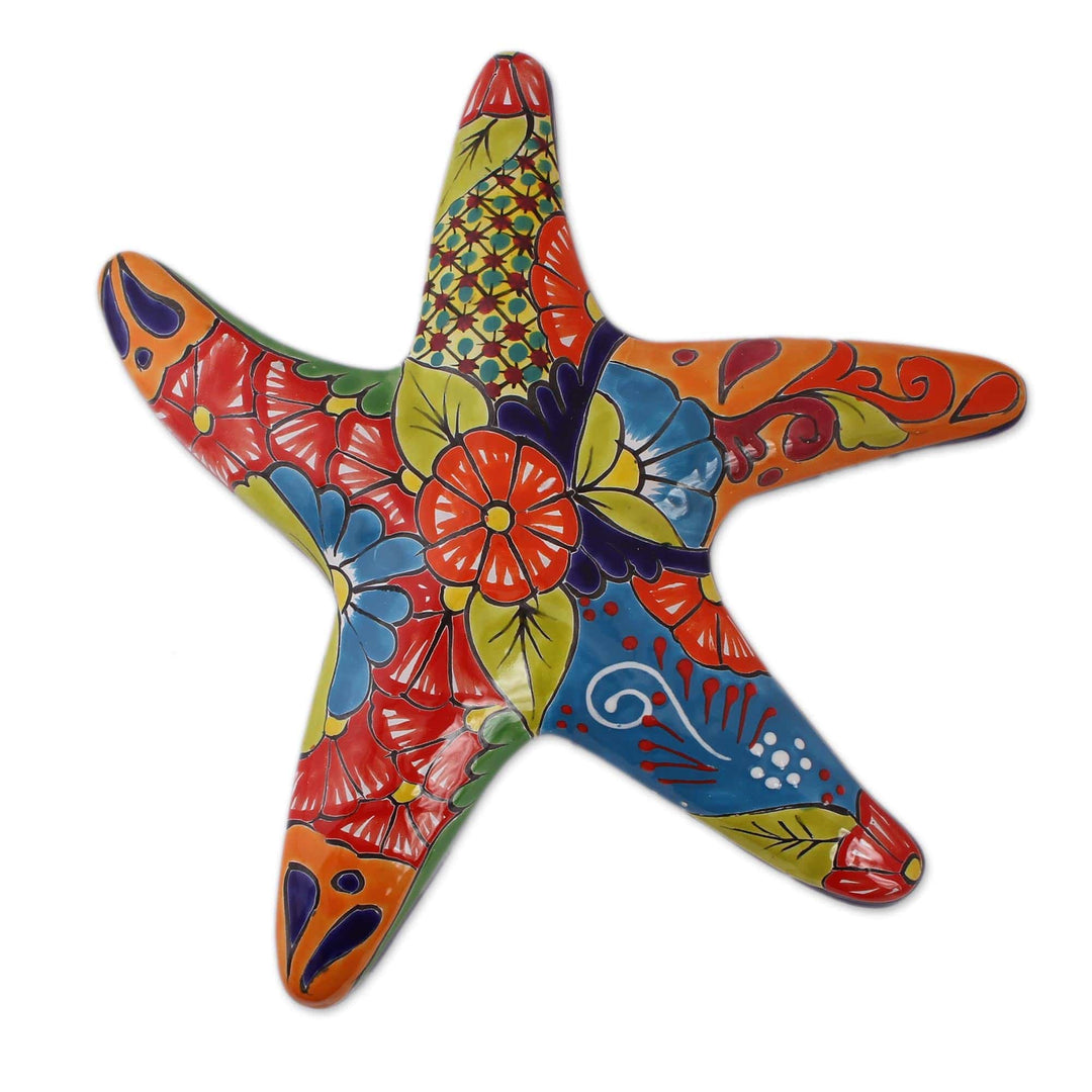 Hand-Painted Talavera-Style Ceramic Starfish Wall Sculpture - Talavera Starfish