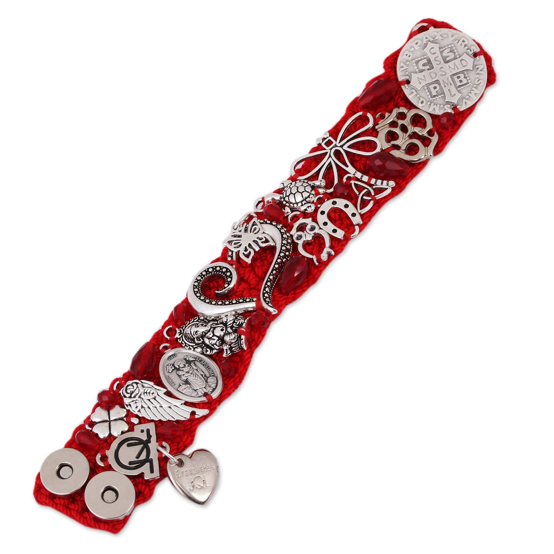 Glass Beaded Charm Bracelet in Crimson from Mexico - Passionate Blessing