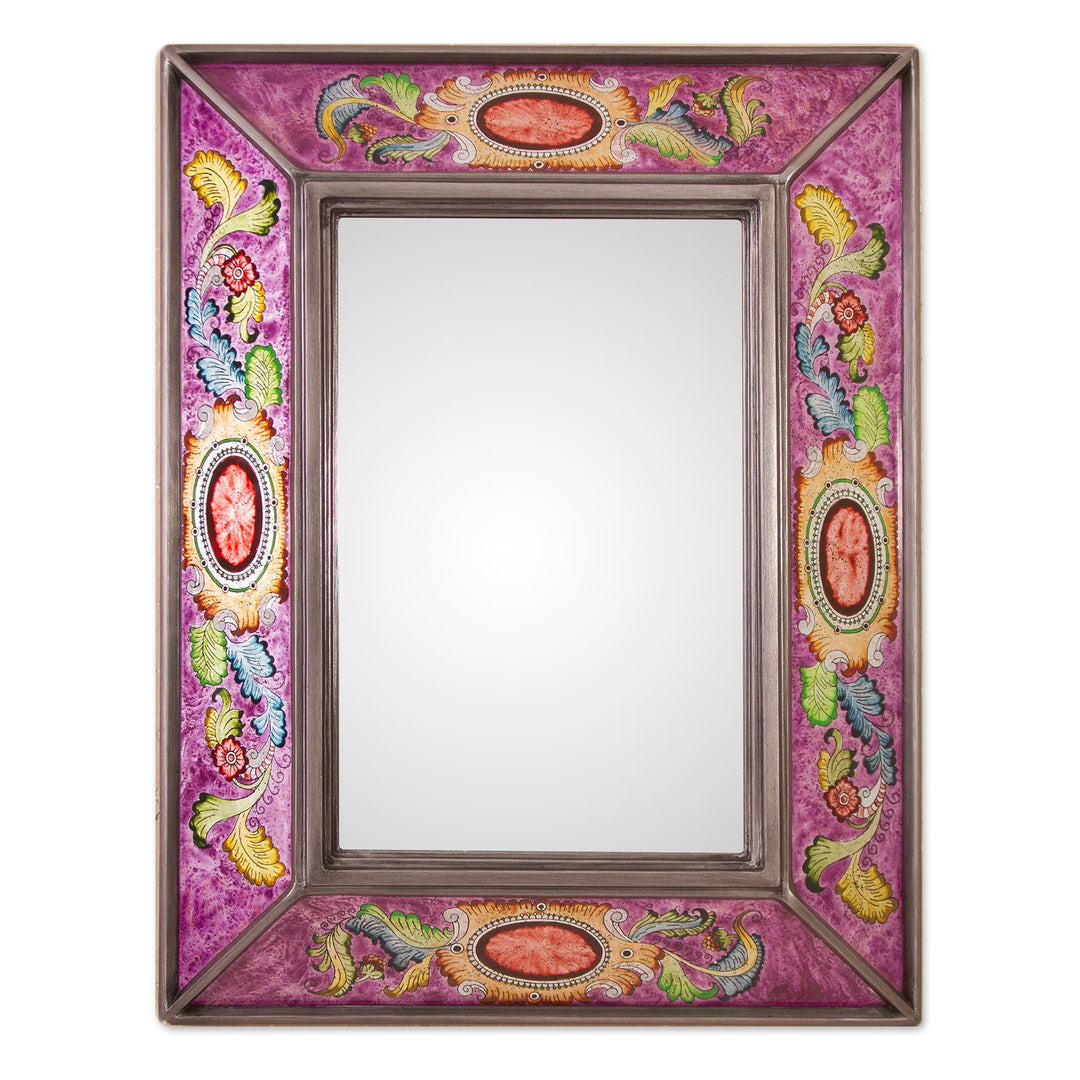 Floral Reverse-Painted Glass Wall Mirror in Purple from Peru - Floral Medallions in Purple
