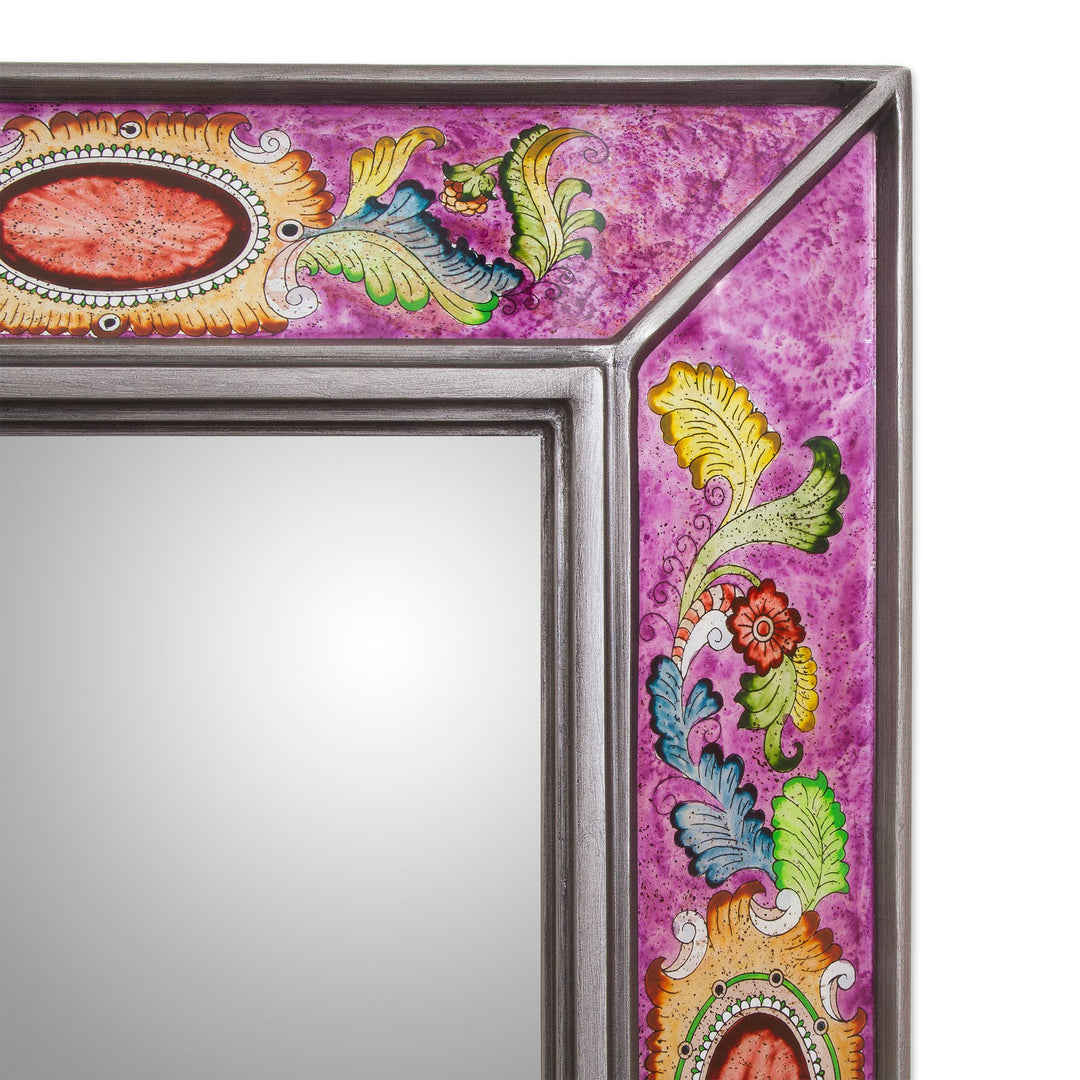 Floral Reverse-Painted Glass Wall Mirror in Purple from Peru - Floral Medallions in Purple