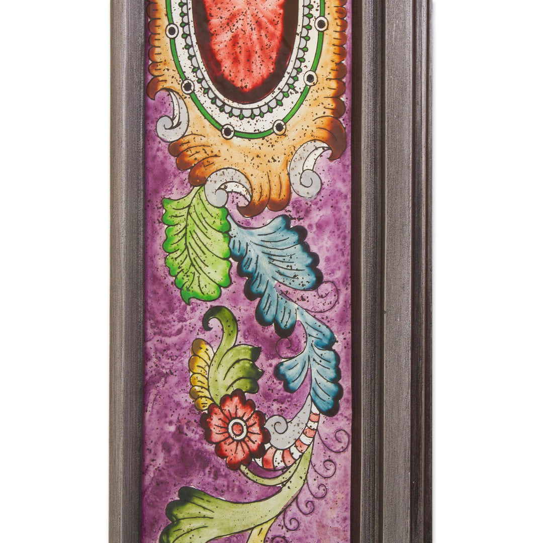 Floral Reverse-Painted Glass Wall Mirror in Purple from Peru - Floral Medallions in Purple