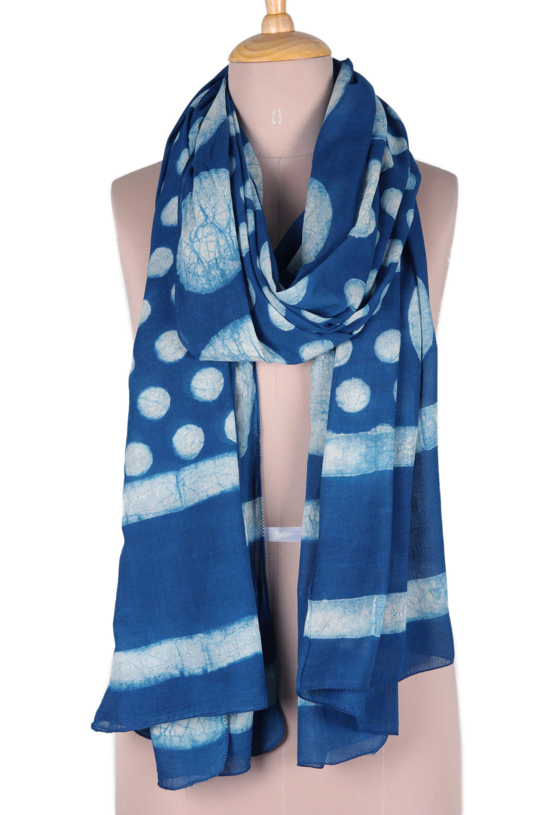 Moon Motif Block-Printed Cotton Shawl from India - Indigo Bubbles