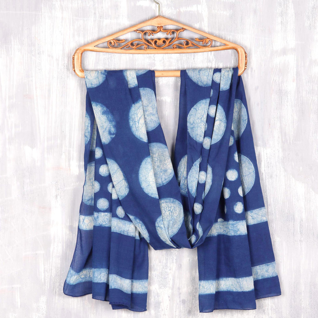 Moon Motif Block-Printed Cotton Shawl from India - Indigo Bubbles