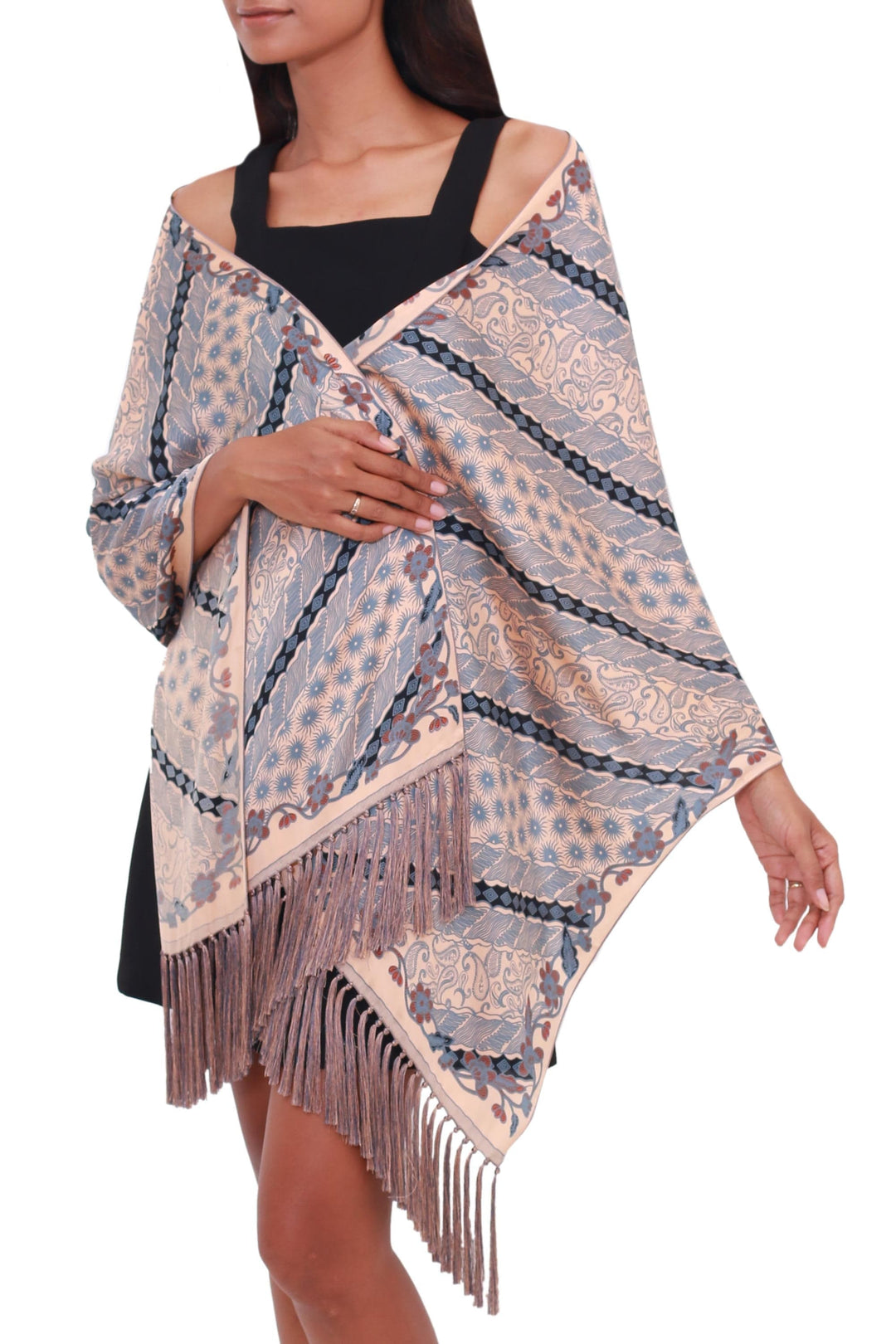 Batik Silk Shawl in Slate and Buff from Bali - Slate Majesty