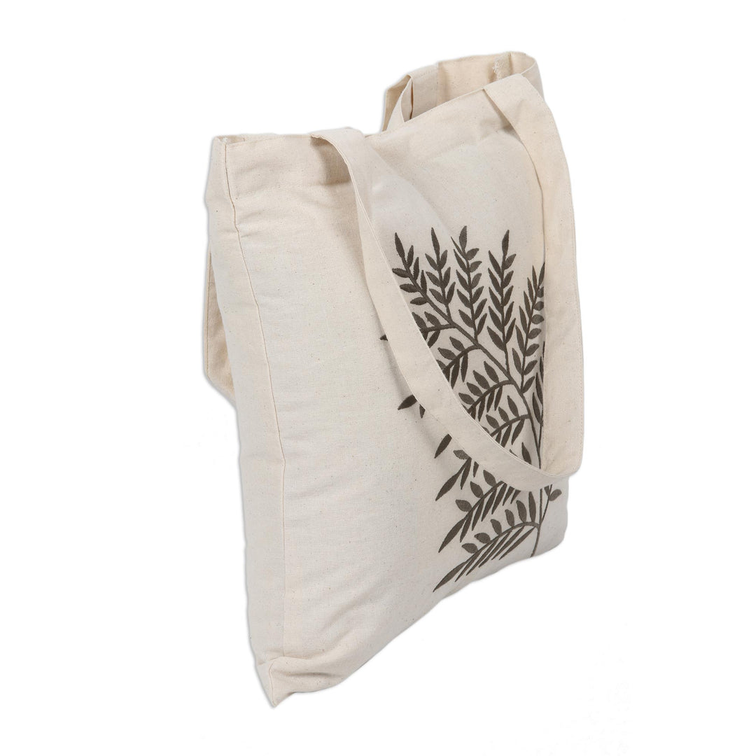 Sage Fern Pattern Embroidered Cotton Shoulder Bag from India - Ferny Frond in Sage