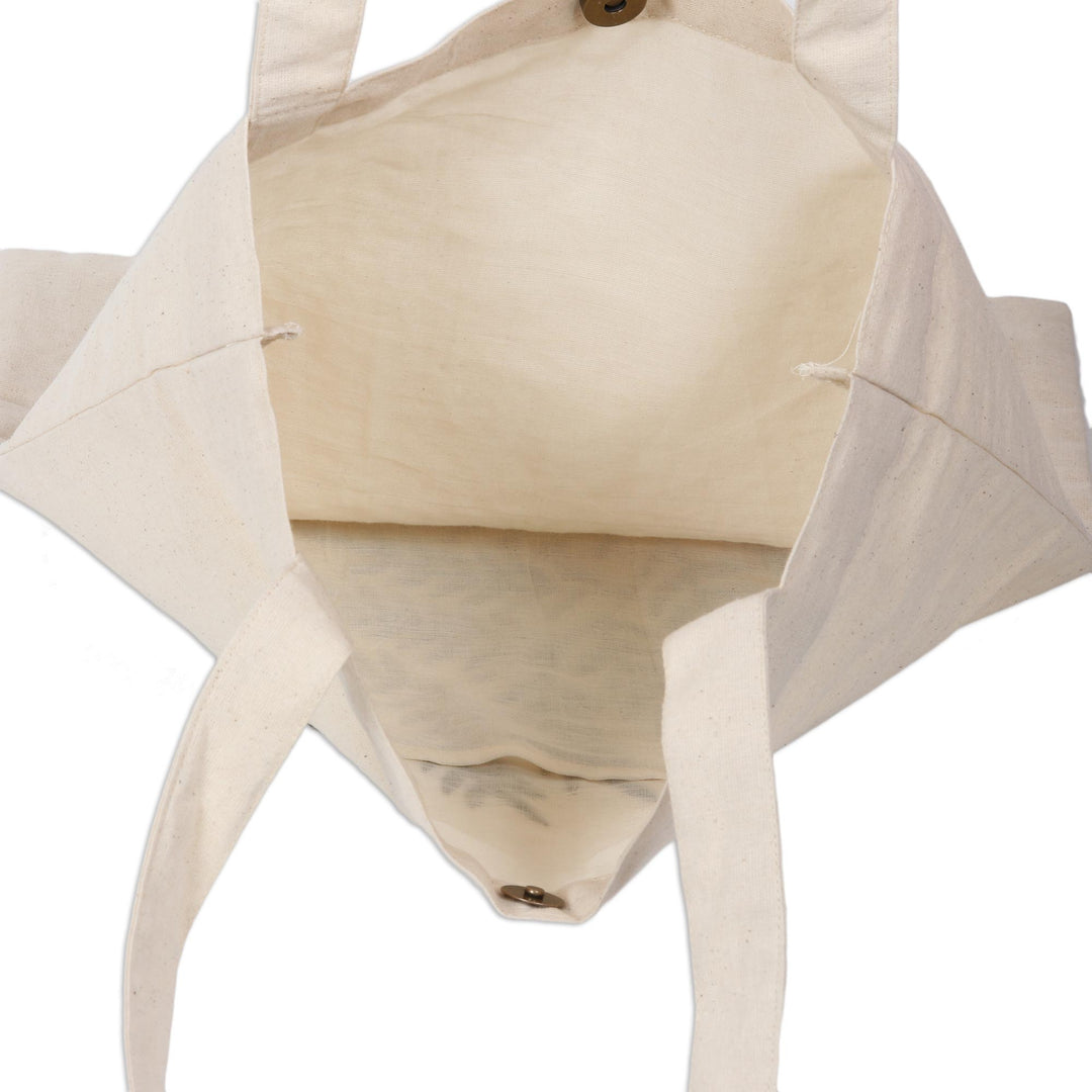 Sage Fern Pattern Embroidered Cotton Shoulder Bag from India - Ferny Frond in Sage