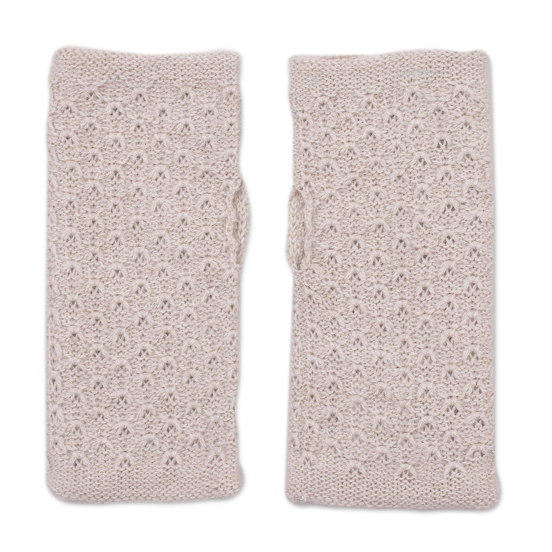 Patterned 100% Baby Alpaca Fingerless Mitts in Ivory - Gossamer Champagne