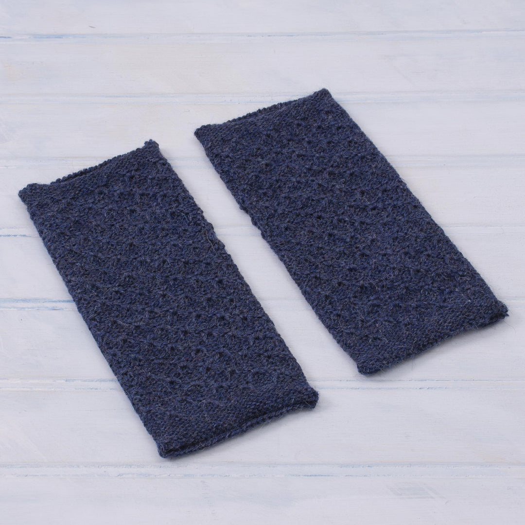 Patterned 100% Baby Alpaca Fingerless Mitts from Peru - Passionate Pattern in Indigo