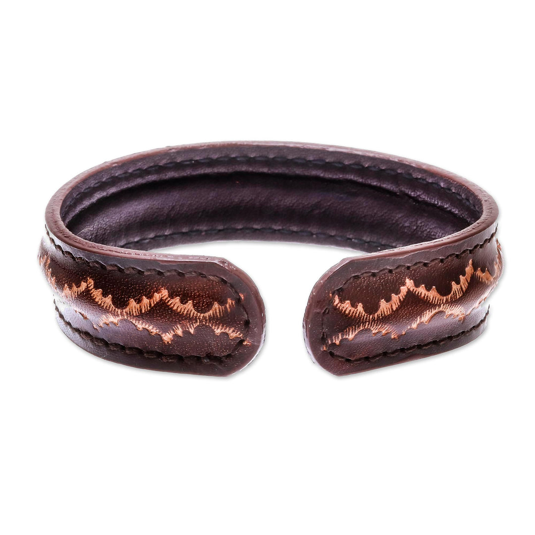 Diamond Pattern Leather Cuff Bracelet in Brown from Thailand - Thai Pattern in Brown