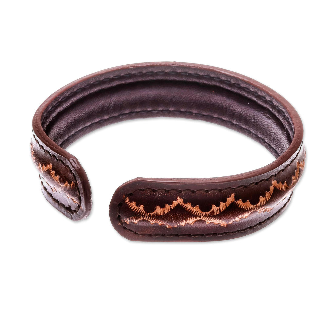 Diamond Pattern Leather Cuff Bracelet in Brown from Thailand - Thai Pattern in Brown