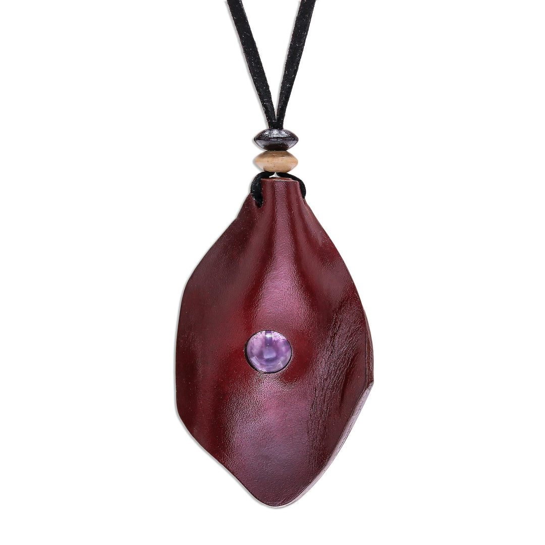 Men's Amethyst and Leather Pendant Necklace in Red - Thai Cowboy in Red