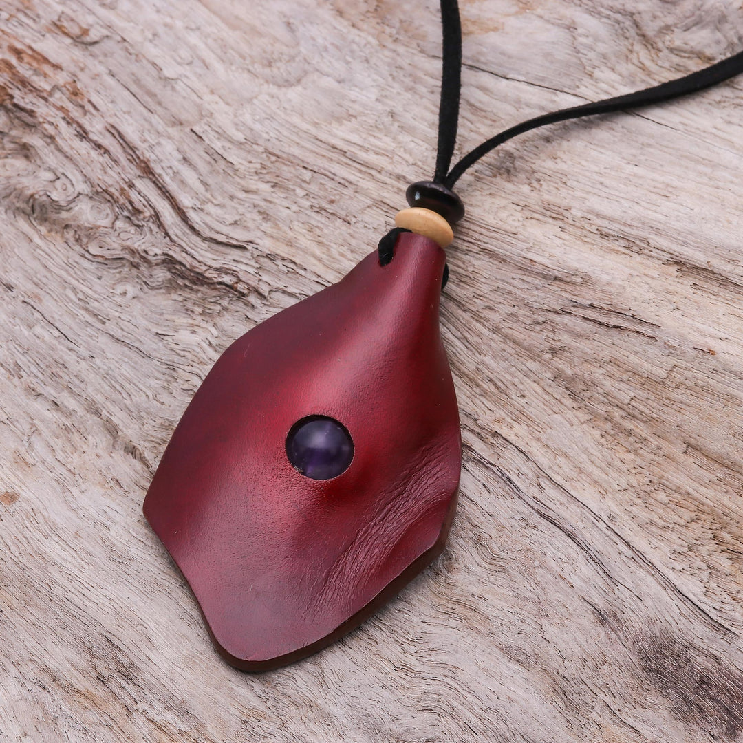 Men's Amethyst and Leather Pendant Necklace in Red - Thai Cowboy in Red