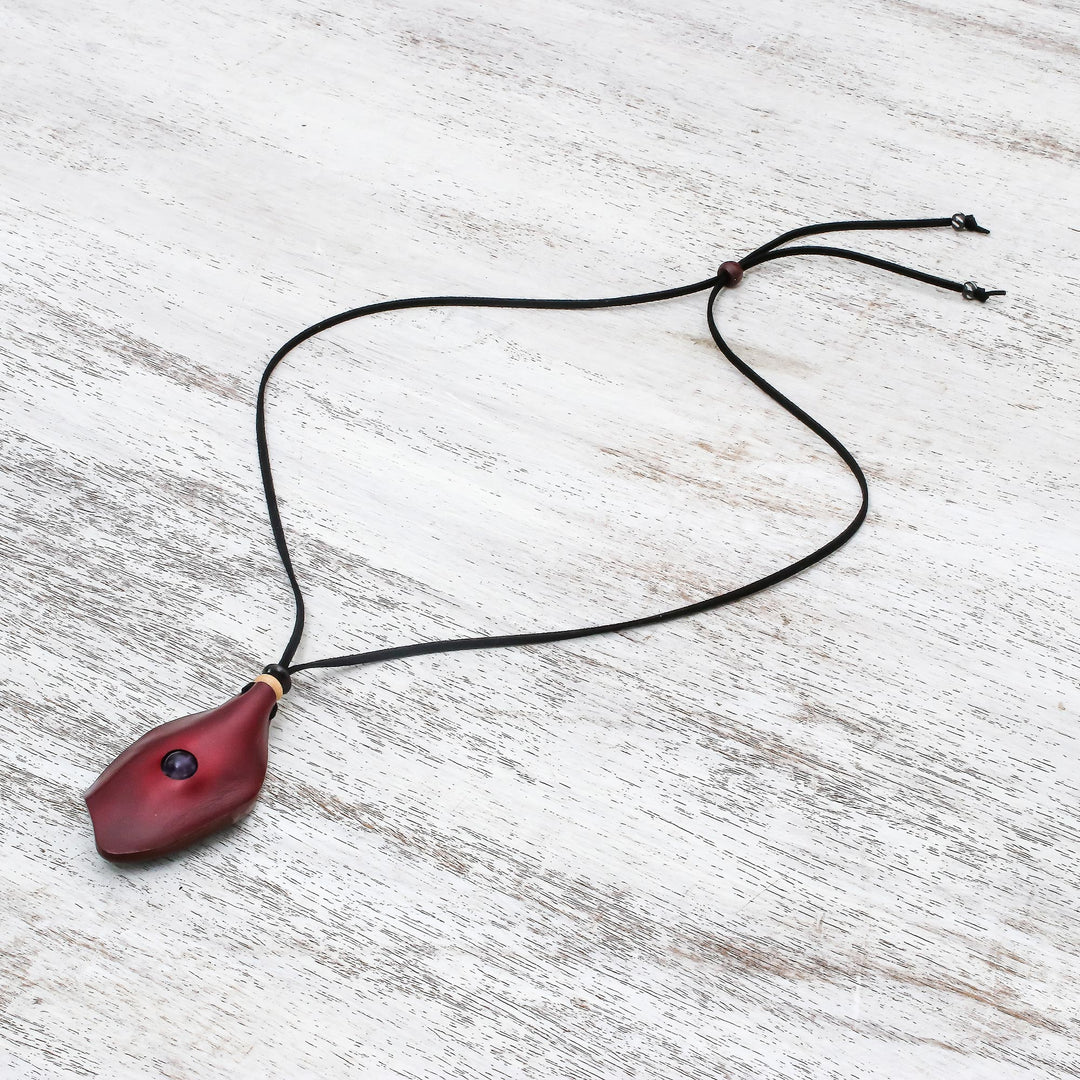 Men's Amethyst and Leather Pendant Necklace in Red - Thai Cowboy in Red