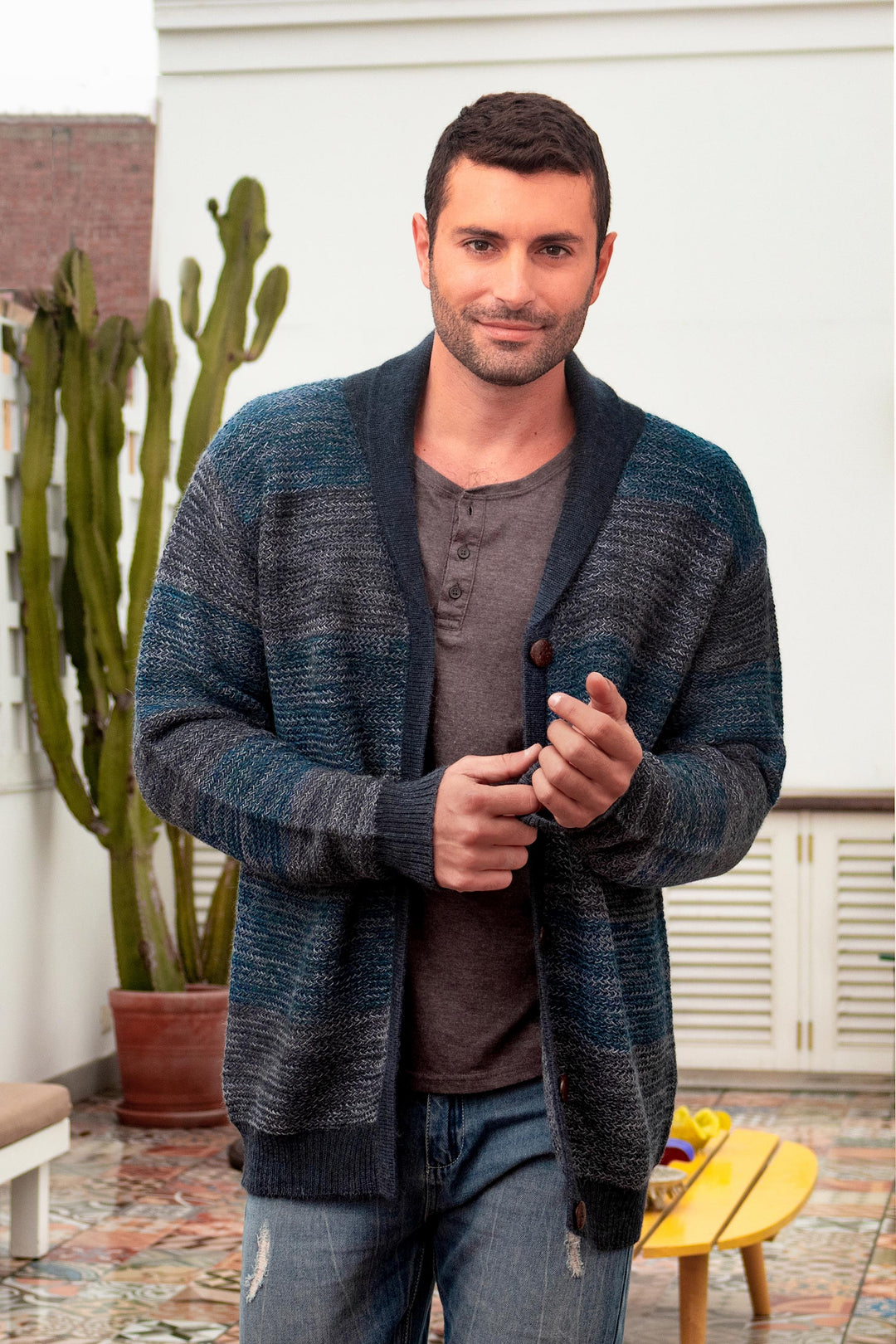 Men's Andean Alpaca Cardigan Sweater - Andean Spruce