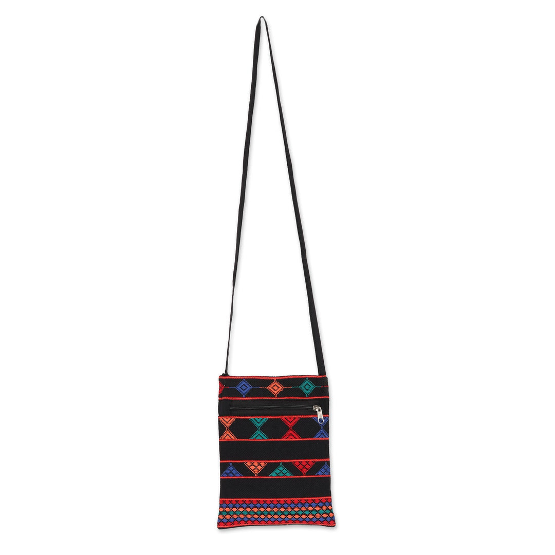Geometric Cotton Sling in Black and Multicolor from India - Geometric Pattu