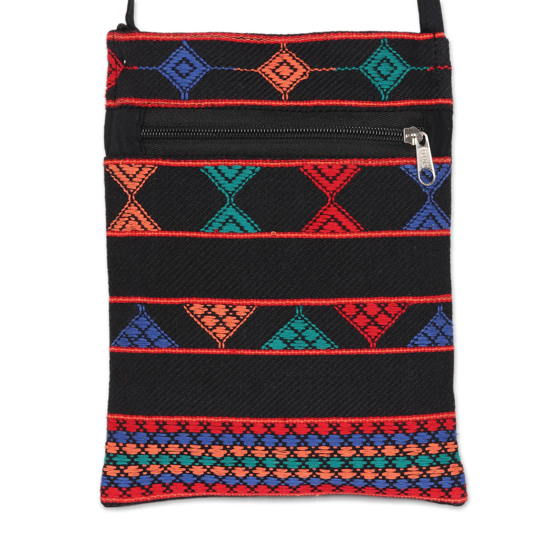 Geometric Cotton Sling in Black and Multicolor from India - Geometric Pattu