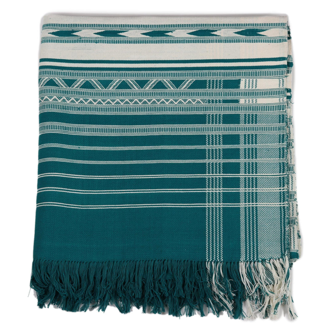 Geometric Striped Cotton Throw in Emerald and Alabaster - Geometric Elegance in Emerald