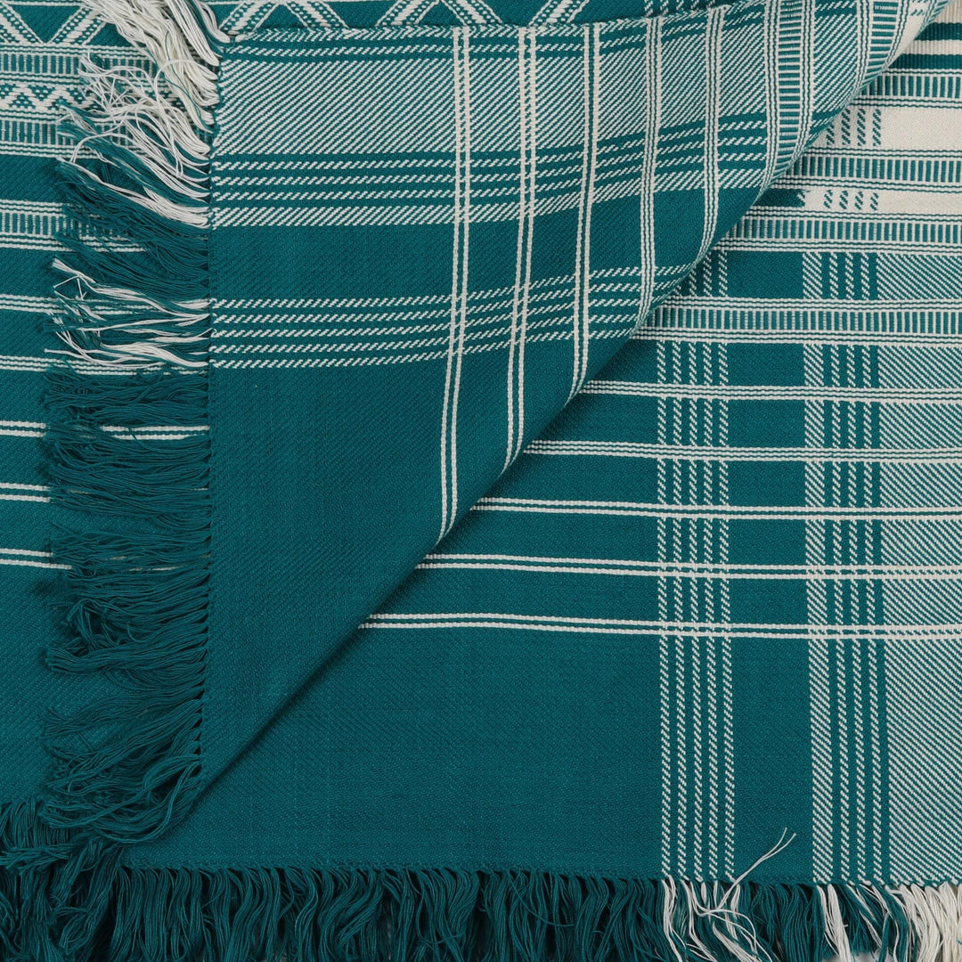 Geometric Striped Cotton Throw in Emerald and Alabaster - Geometric Elegance in Emerald