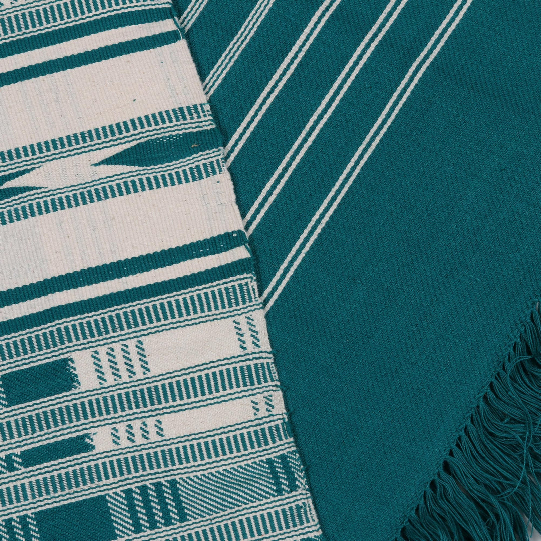 Geometric Striped Cotton Throw in Emerald and Alabaster - Geometric Elegance in Emerald