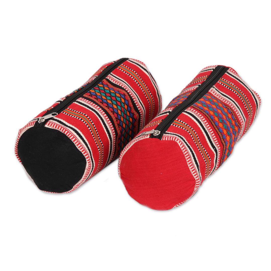 Multicolored Striped Cotton Cosmetic Bags from India (Pair) - Striped Desire
