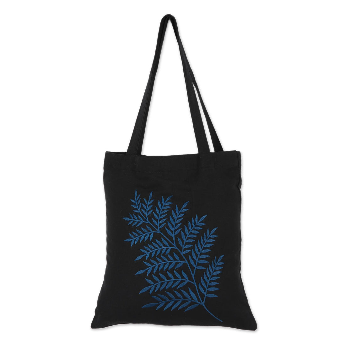 Frond Motif Cotton Shoulder Bag in Blue and Black from India - Beautiful Frond in Blue