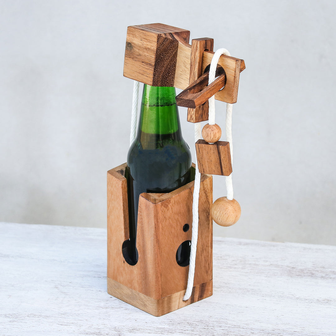 Handmade Wood Bottle Holder and Puzzle (5.5 Inch) - Open the Bottle